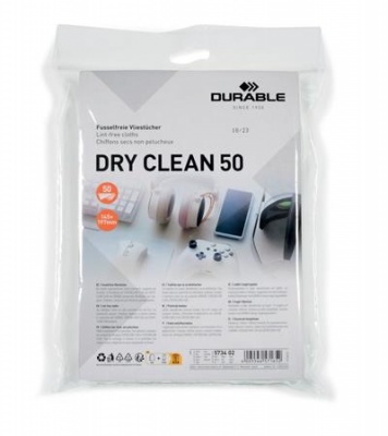 Tisztítókendő, képernyőhöz, 50 db, DURABLE "DRY CLEAN 50", fehér