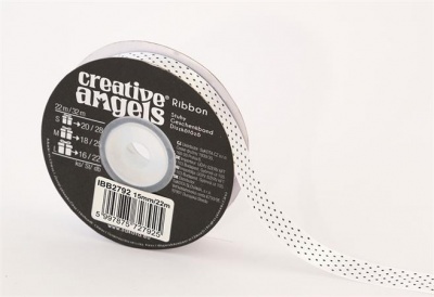 Szatén szalag, 15 mm x 22 m, fehér fekete pöttyökkel