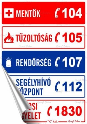 Információs matrica, 11,6x16,6 cm, "Segélyhívószámok"