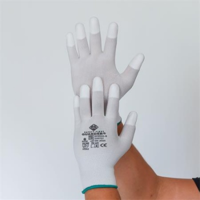 Védőkesztyű, karbonszálas, PU ujjbegy mártott, M méret, fehér-szürke